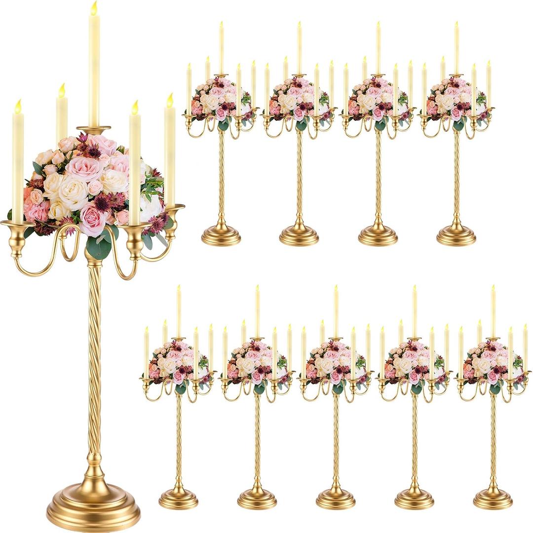 Tanlade 10 Pack Gold Candelabra Centerpieces 28 Inch 5 Arm Candle Holders