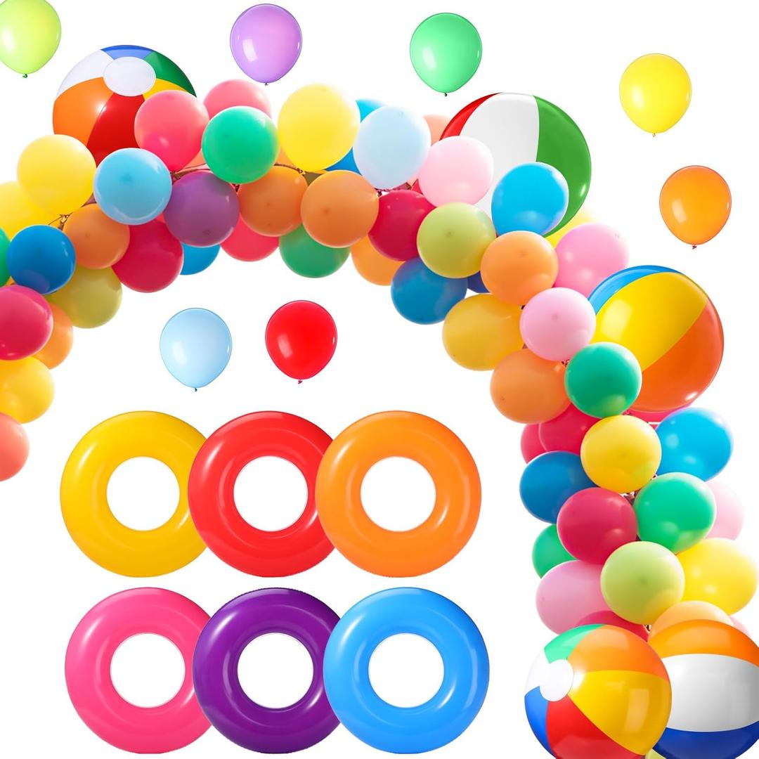 Summer Tropical Balloon Arch Garland Kit Pool Decorations Outdoor Pool Balloons Backdrop Beach Ball Swimming Tube Tropical Luau Hawaii Holiday Swim Party Supplies (Vivid Color,150 Pcs)