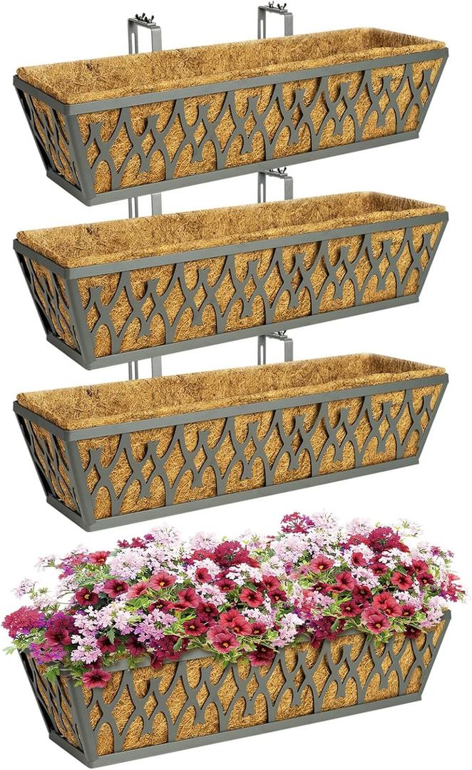 4 Pack 24 Inch Window Boxes Planters Railing Planter Box with Adjustable Brackets for Porch Fence Patio Balcony Hanging Flower Baskets with Coco Liners for Outdoor Garden Decor - Grey (Gray)