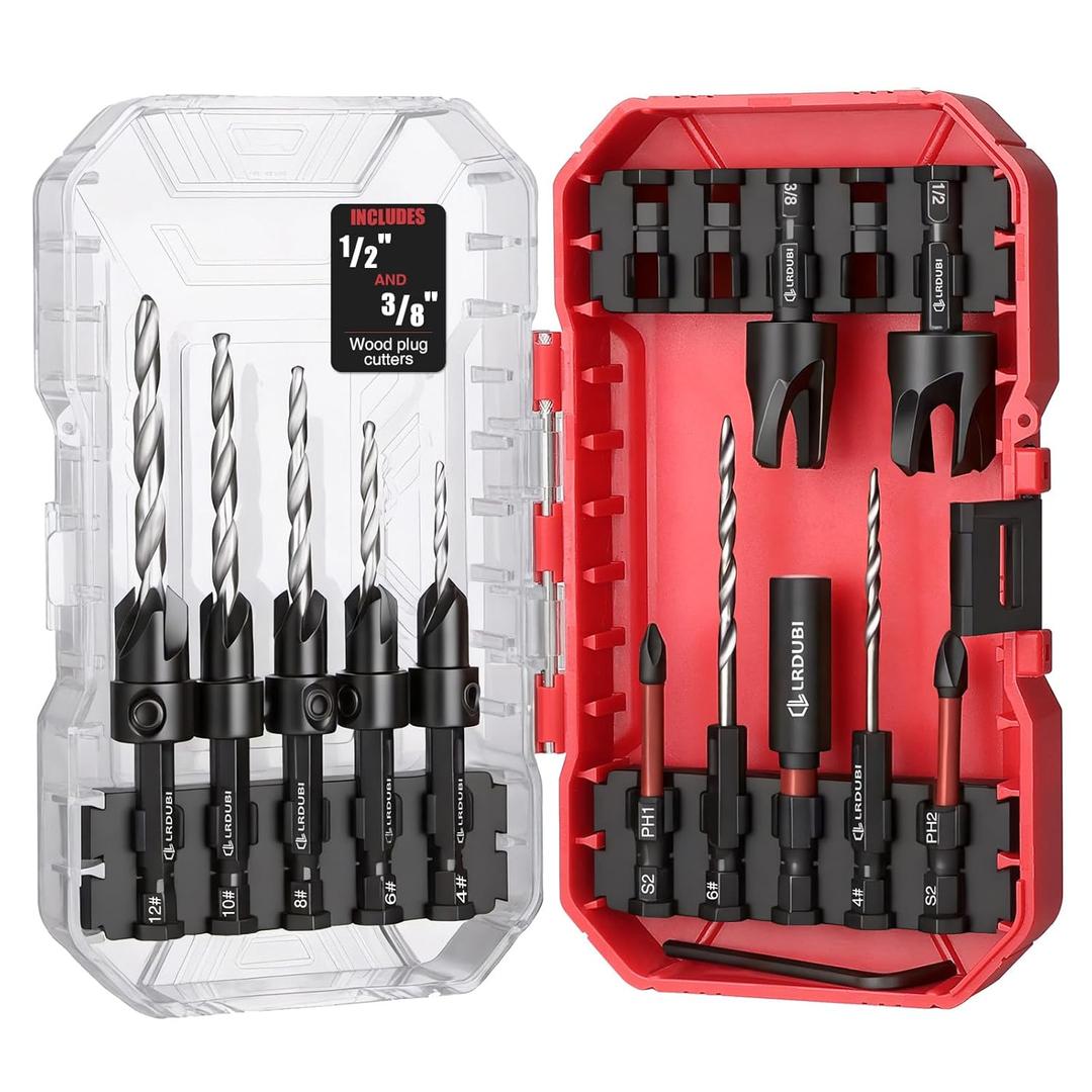 15PCS Countersink Drill Bit Set, Adjustable Tapered Counter Sink Drill Bits with 2PCS Wood Plug Cutter, 1/4" Hex Shank Quick Change for Woodworking with Storage Case