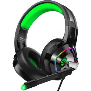 ZIUMIER Z66 Gaming Headset, Wired, Over-Ear, Noise Cancelling Mic, RGB Light, Stereo Surround Sound, Compatible with PS4, PS5, Xbox One, Laptop (Green)
