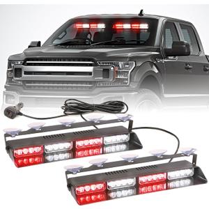 2 in 1 LED Emergency Dash Strobe Light Bar Front/Rear Windshield Safety Flashing Warning Hazard Interior Lights for Police Firefighter Construction Vehicles Trucks (2x14 inch, Red/White)