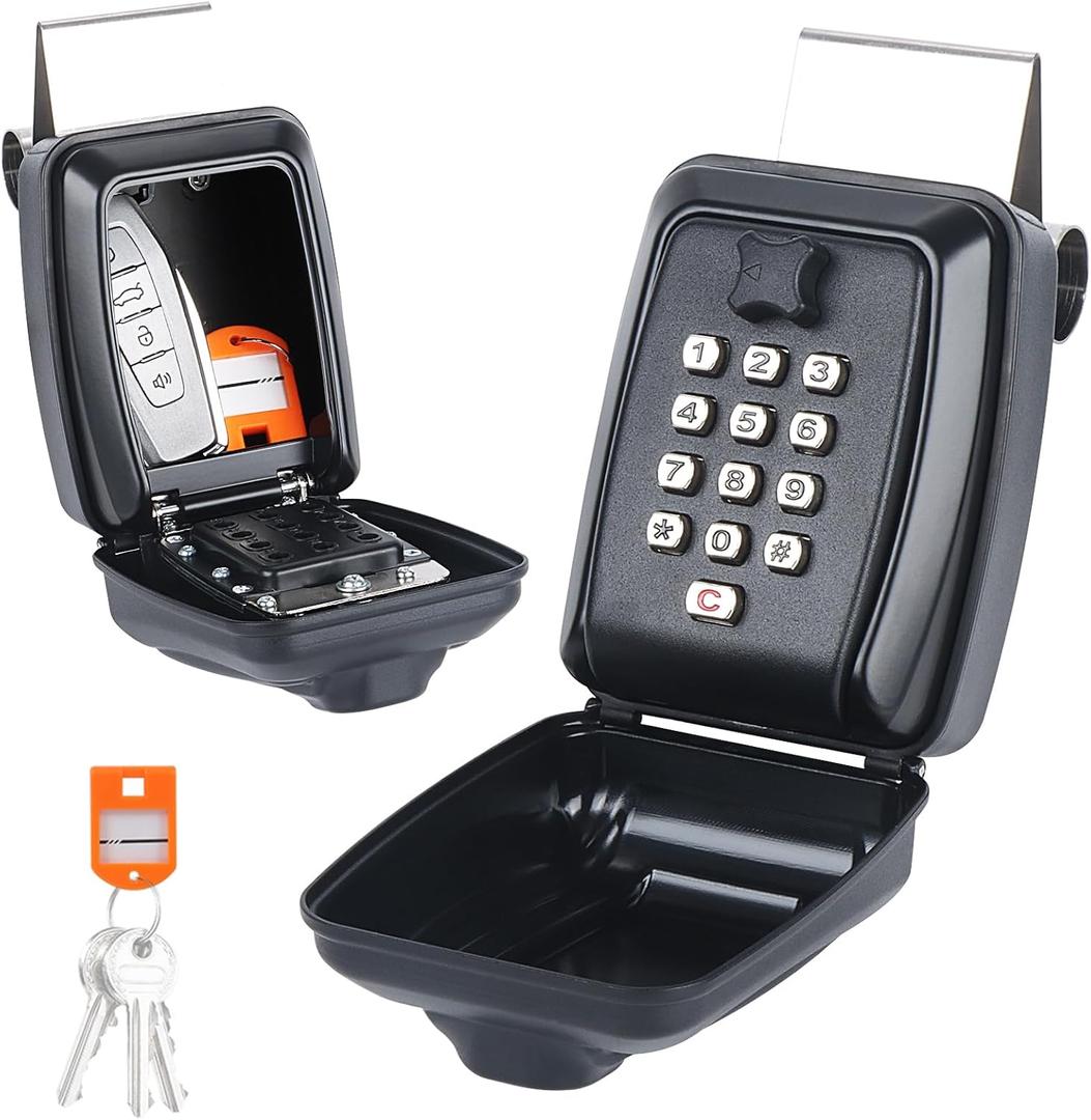 Car Window Punch Button Lock Box, Black Portable Car Key Lock Box with Key Labeling Tag, Sturdy Waterproof Large Capacity Lock Box for Turo, Ride Share, Get Around