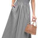 Simplee Womens Striped Midi Summer Dress Smocked Flutter Short Sleeve Dress 2025 Flowy Casual Dress with Pockets (Small, Gray )