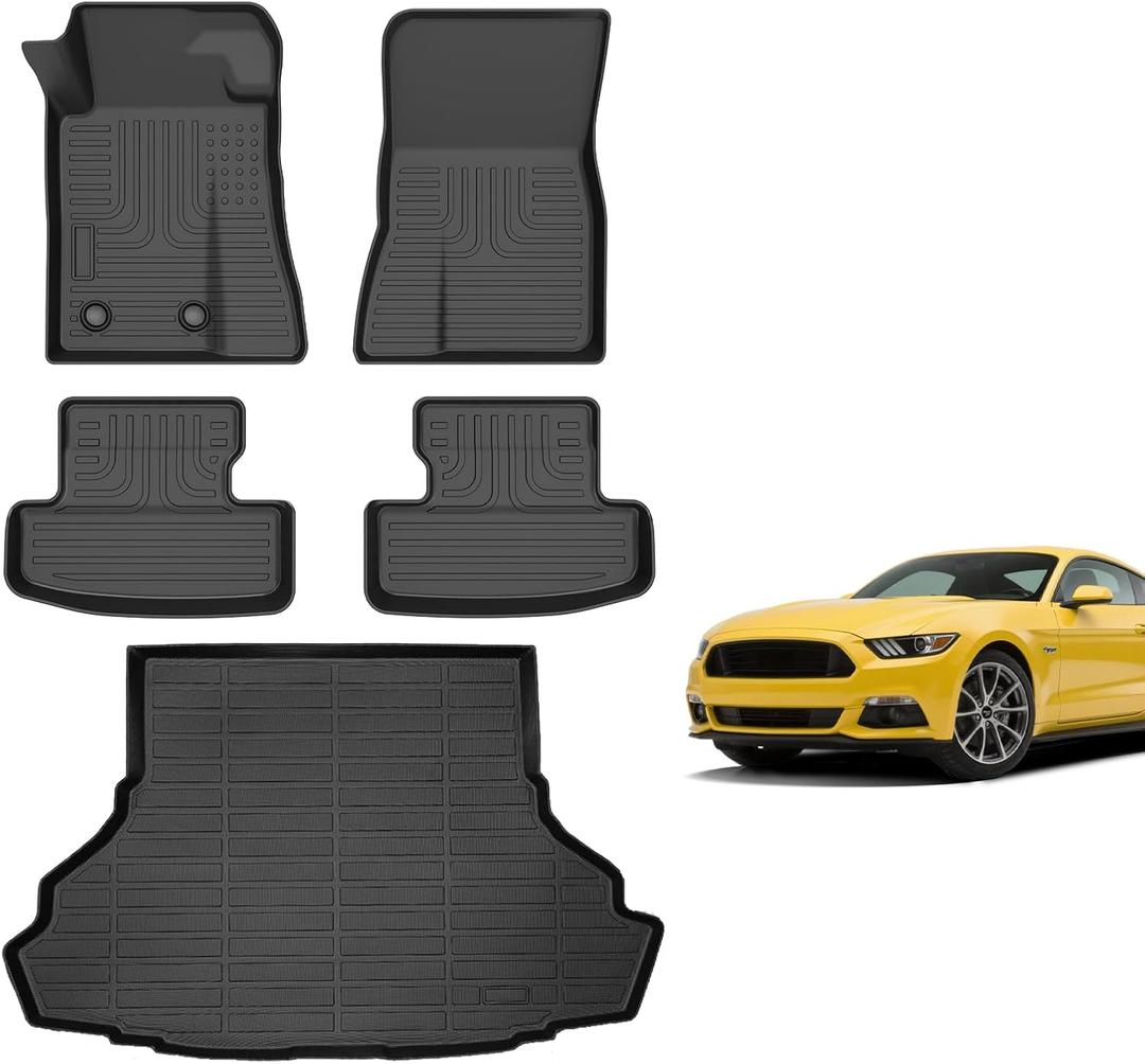 for Ford Mustang Floor Mats 2015-2025 2026 Convertible/Coupe/GT/EcoBoost Models (Not for Mach-E), TPE Automotive All Weather Custom Car Floor Mat Trunk Cargo Liner Accessories Black