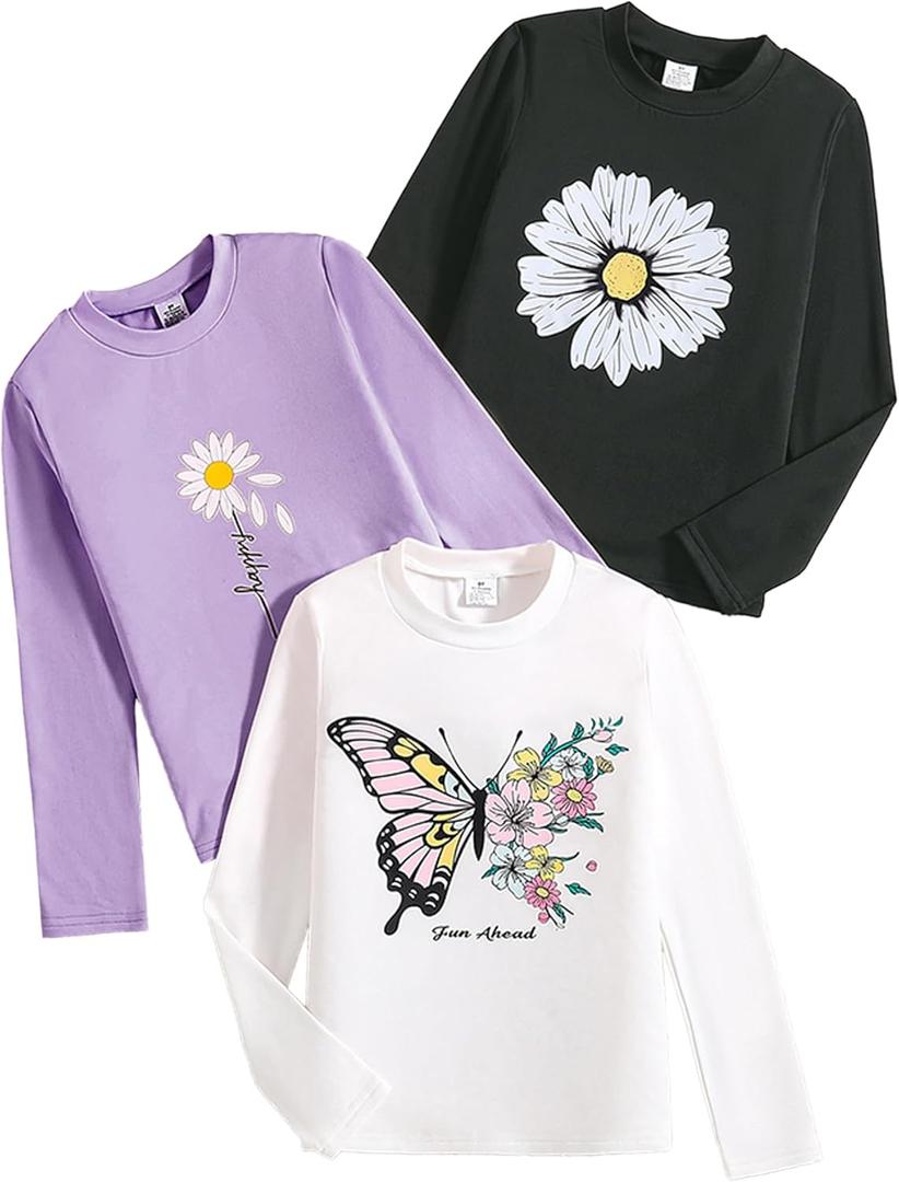 VeryNew 3-Pack Girls Long Sleeve T-Shirt for Fall, Soft Cotton Toddler Top, Cute Graphic Tee for Kids (10 Years, Black+Purple+White)