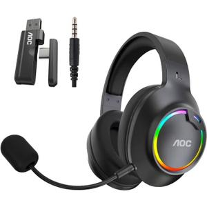 AOC Wireless Gaming Headset for PS5, PS4, PC - Bluetooth 6.0, 2.4GHz, Detachable Noise Cancelling Mic, Over-Ear RGB Lighting Gaming Headphone for Xbox, Switch, Black ACG2532