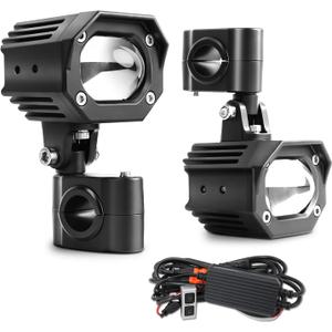 [Strobe] Motorcycle Auxiliary LED Driving Light Kit White+Yellow, Square Amber LED Fog Light for ADV Adventure Touring Off-road Bike ATV UTV 2PCS (Wiring Harness+Heavy Duty Mount Brackets) (MT05-FX)