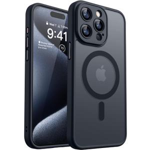 CANSHN Magnetic Compatible with iPhone 15 Pro Max Case, Upgraded [Full Camera Protection] [Compatible with Magsafe] [Translucent Matte] Shockproof Protective Phone Case Cvoer 6.7 Inch - Black