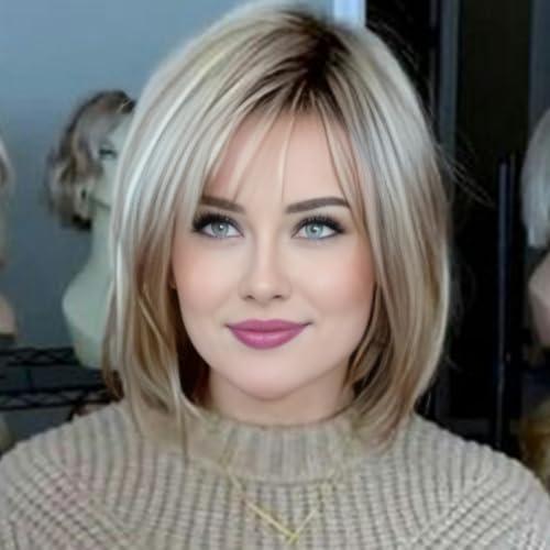 RENERSHOW Medium Length Bob Wigs for White Women Layered Blonde Highlight Straight Pixie Bob Wig with Bangs Heat Synthetic Natural Daily Party Wig 12inch Average Size Wig