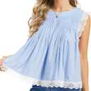 Womens 2026 Summer Peplum Top Sleeveless Ruffled Lace Trim Round Neck Y2K Babydoll Going Out Tops (Blue) L