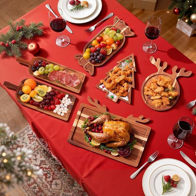 2PCS Wine Bottle Serving Board with Handle, Decorative Rectangular Long Food Trays for Home Decor, Acacia Wood Serving Platter, Unique Christmas Cutting Board Cheese Platter for Dinner Party