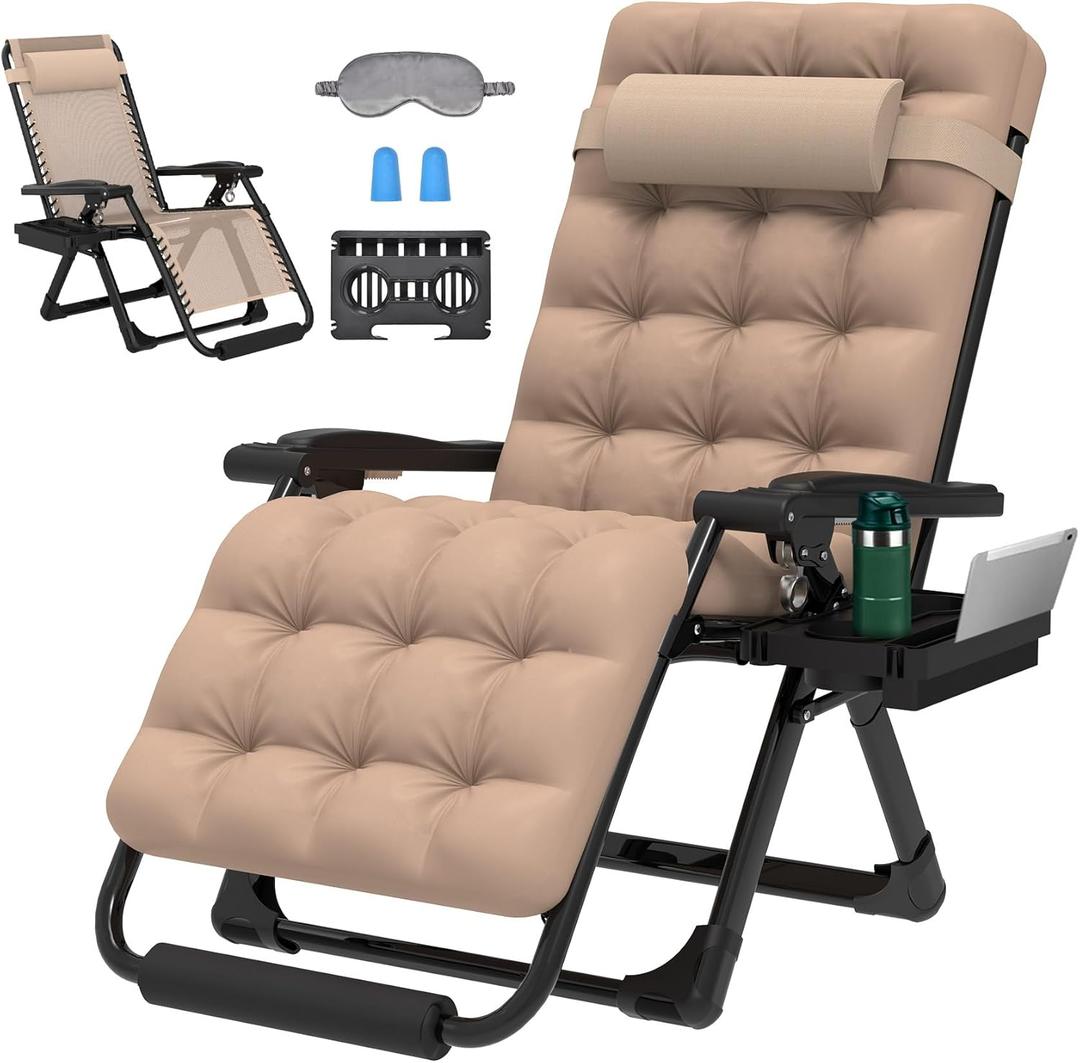 ZENPETIO 29In XL Zero Gravity Chair w/Cushion, Zero Gravity Recliner Lounge Chair for Indoor and Outdoor, Reclining Camping Chair for Lawn, Anti Gravity Chair with Cup Holder and Footrest, 440LBS (Beige)