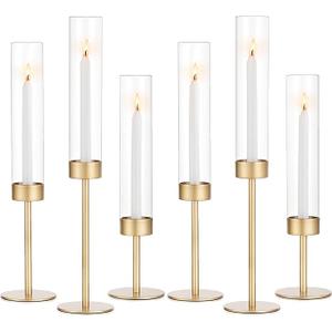 Glass Hurricane Candlestick Holders Gold - Romadedi Set of 6 Taper Candle Holder Bulk Tall Clear Glass Cylinder Table Centerpiece Wedding Decor Party Birthday Christmas Home Decorations
