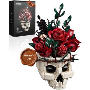 iATOM Skull Roses Flower Bouquet Building Set, Botanical Collection Kit for Adult Women, Birthday Gifts for Mothers Day for Her/Girlfriend/Mom/Wife/Couple, Goth Horror Skeleton Pot Home Table Decor