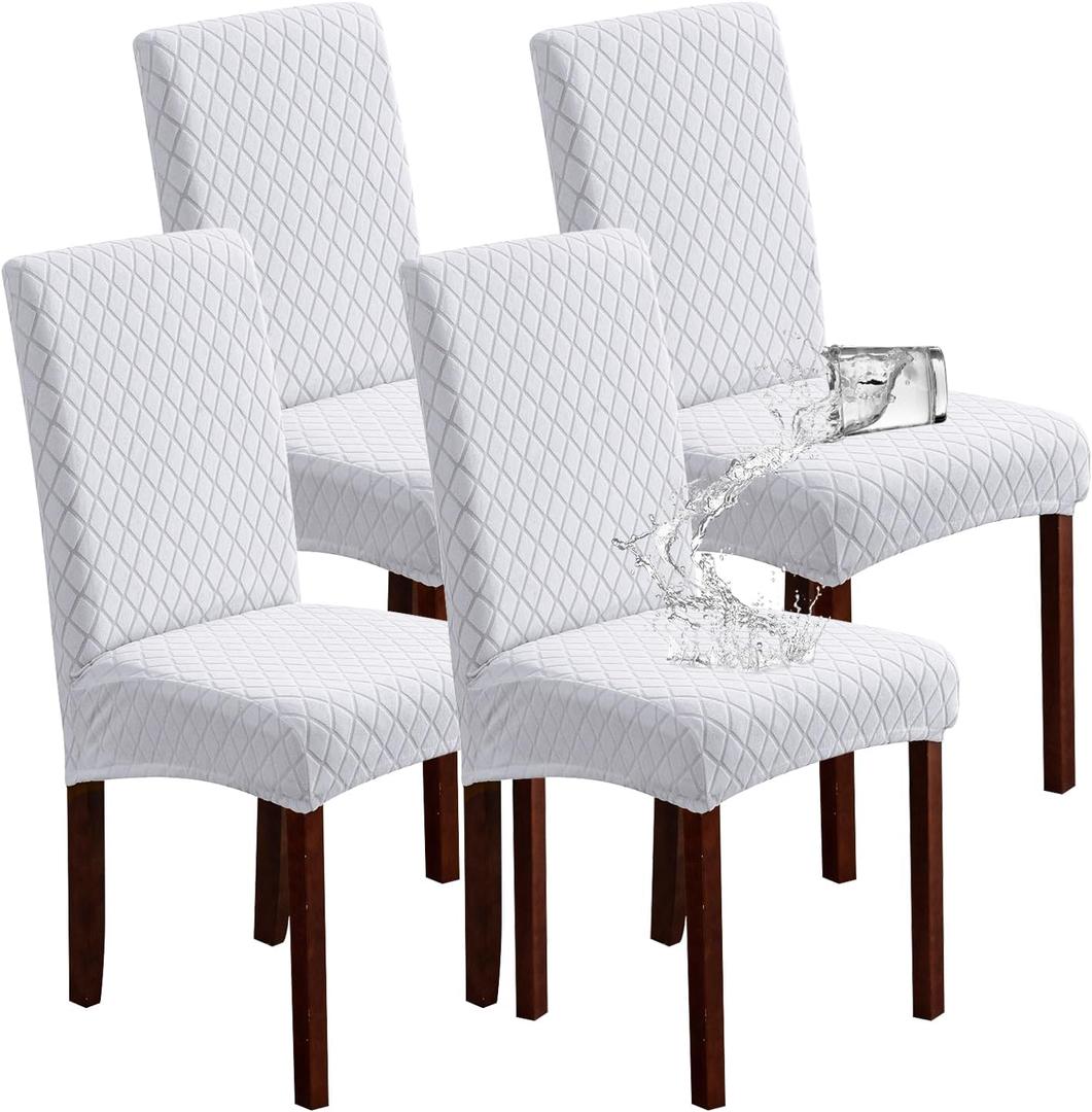 Genina Waterproof Chair Covers for Dining Room, Stretch Jacquard Dining Chair Slipcovers Removable Washable Chair Protector for Kitchen, Parsons (Argyle-White, 4 PCS)