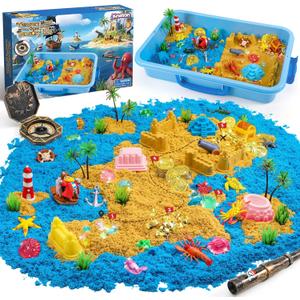 Pirate Treasure Chest Sensory Bin, Play Sand Kit for Boys with Pirate Accessories,2.2lbs Sand, Glow in The Dark Gems and Map, Pretend Play Adventure Sensory Toys for Toddlers Kids Ages 3 4 5 6 7 8