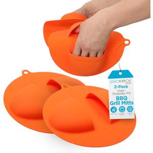BIRDROCK HOME BBQ Grill Mitts - Heat Resistant Silicone Grill Gloves for Outdoor Cooking, Smoking, Barbecue, and Food Handling | Heavy Duty Heat Proof Mitts for High Temp Grilling - Orange, Pack of 2