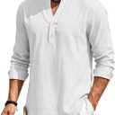 Mens Linen Henley Shirts Casual Long Sleeve Hippie Yoga Tops Lightweight Summer Beach T-Shirt (White, XXL)