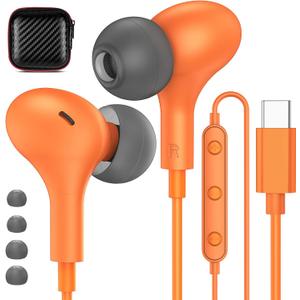 USB C Headphones for iPhone 17 16 15 Pro Galaxy S25 S26 Wired Earbuds with Microphone for Samsung S24 S23 S22 S21 Ultra, Magnetic Noise Canceling in-Ear Type C Earphone for iPad 10 Pixel 9 8, Orange