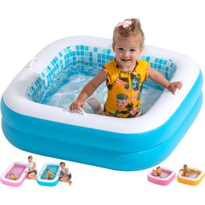Inflatable Baby Pool for Toddlers 1-3 - Soft Floor, Handles & Drain - Small Kiddie Pool, Blow Up Bathtub & Ball Pit, Summer Outside Kid Water Toy Outdoor First Birthday Gift for Boys 1 2 3 Year Old (34" Square Summer Blue)