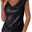 FOLUNSI Womens Sparkly Sequin Tops Cowl Neck Cap Sleeve Glitter Evening Cocktail Blouse Party Shirt (Black)