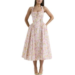 Women Floral Corset Dress Halter Neck Low Cut Bustier Lace Midi Dress Flowy Pleated Hem Long Sundress with Pockets Size S