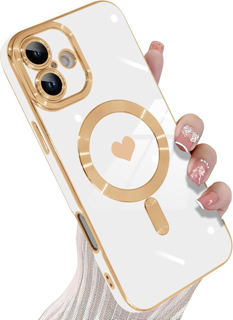 KANGHAR Magnetic for iPhone 16 Case for Women Girls Luxury Plating Cute Love Hearts Design Compatible with Magsafe Soft TPU Bumper Shockproof Cover for iPhone 16 Cases White