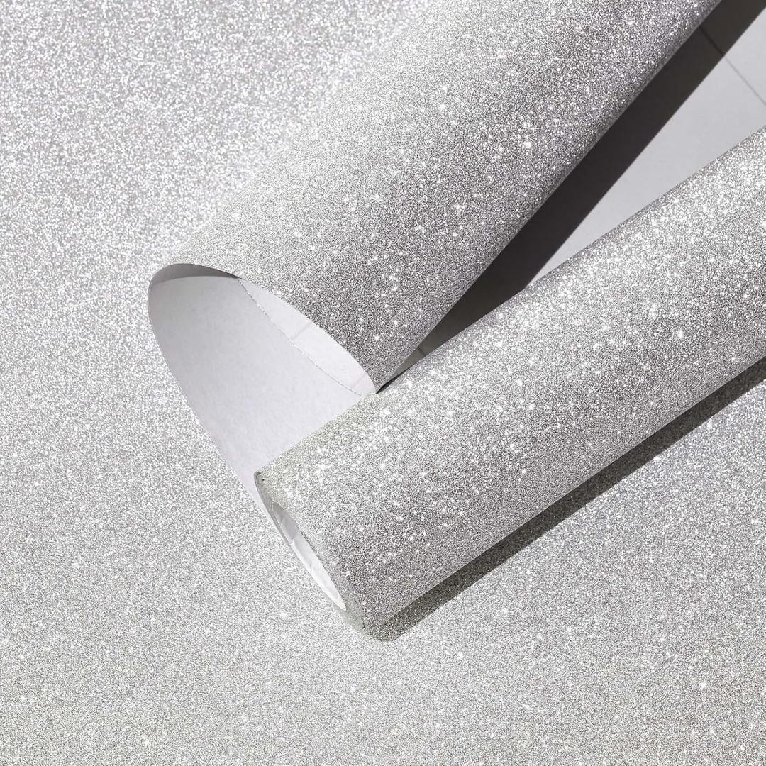 CAX Silver Glitter Wallpaper Peel and Stick 17.3''x1200'' Silver Glitter Contact Paper Self Adhesive Sparkle Peel and Stick Wallpaper Decorative Removable Bling Wallpapers for Bedroom Living Room Wall
