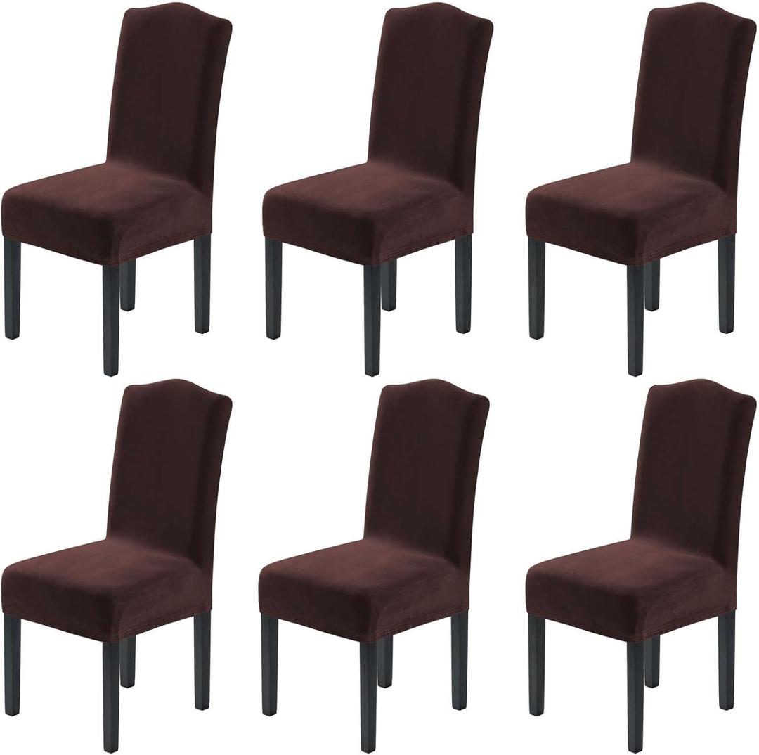 H.VERSAILTEX Velvet Dining Chair Covers Stretch Chair Covers for Dining Room Set of 6 Parson Chair Slipcovers Chair Protectors Covers Dining, Soft Thick Solid Velvet Fabric Washable, Brown