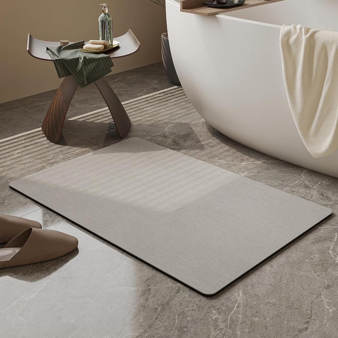 Mecko Bath Mat Rug, Ultra Thin Bathroom Rug -Rubber Non-Slip Quick Dry Absorbent Bath Mat Fit Under Door, Faux Suede Surface Bathroom Floor Mats for Bath, Shower, or Sink (Light Grey,20"x32") (2'8" x 1'8" (Rectangular))