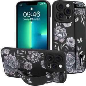 MOWIME for iPhone 13 Pro Max Case with Wrist Strap, Cute Flower Rose Butterfly Design for Women Girls Soft TPU Slim Protective Case Anti-Scratch Shockproof Cover with Adjustable Holder - Black