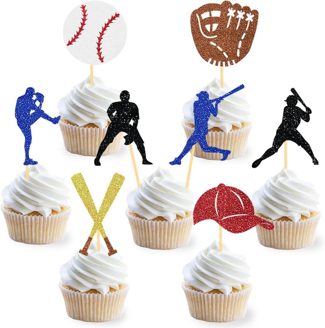 24Pcs Glitter Baseball Cupcake Toppers for Baseball Party Decorations, Baseball Player Cupcake Toppers  Baseball Theme Cake Topper Baby Shower Party Decorations