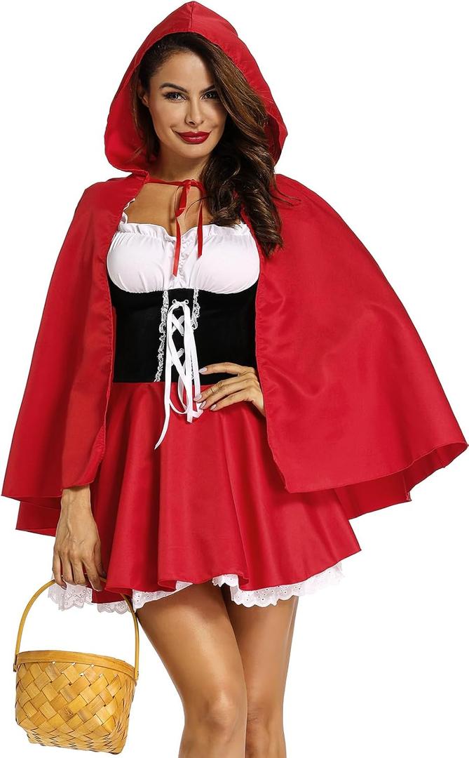 Little Red Riding Hood Women Adult Halloween Costumes with Hood Cape (Medium)