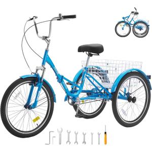 VEVOR Folding Adult Tricycle,Adult Folding Trikes, 3 Wheel Cruiser Bike with Large Basket & Adjustable Seat, Shopping Picnic Foldable Tricycles for Women, Men, Seniors (24-Inch-1-Speed, Blue)