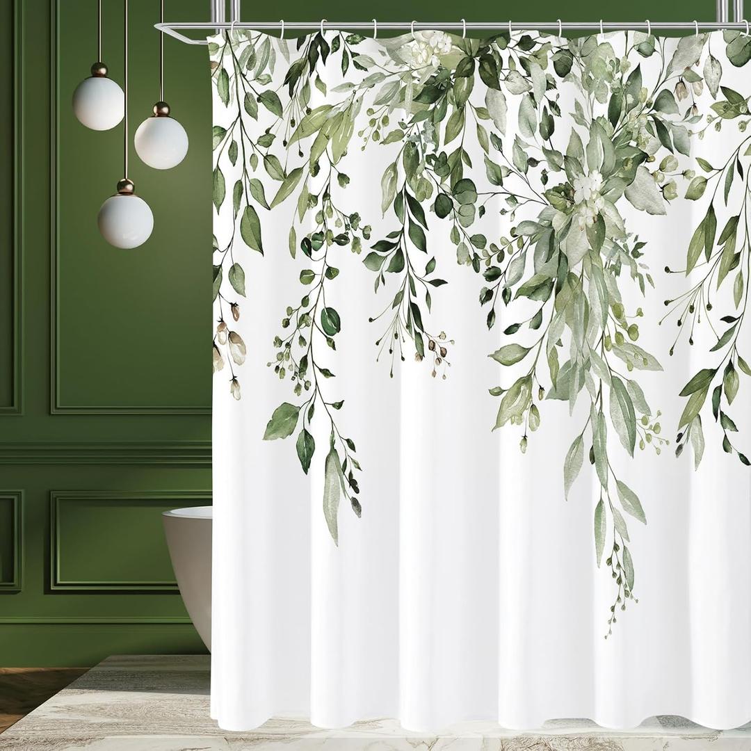 Gibelle Extra Long Shower Curtain 72 x 84, Tall Olive Green Floral Shower Curtain for Bathroom, Watercolor Plant Eucalyptus Leaves Fabric Shower Curtain Set