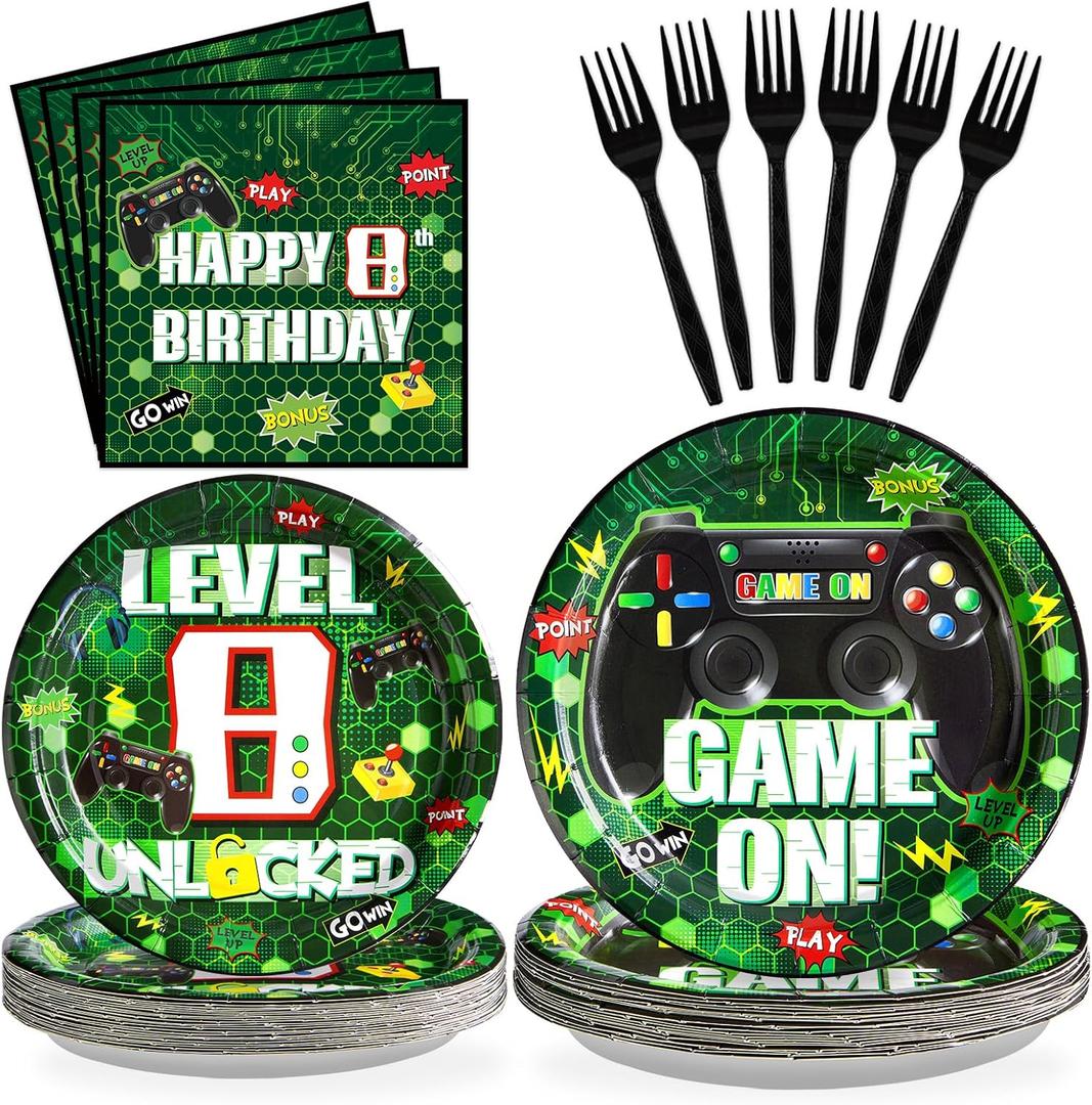 Grencian 96 Pcs 8th Video Game Party Decorations Plates for Boys Green 8th Supplies Level 8 Birthday Plates Green Disposable Gaming Tableware Set for 8th Birthday Party, Gamer 8 Years Old Favors