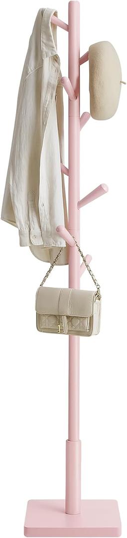 VASAGLE Solid Wood Coat Rack, Free Standing Hall Coat Tree with 8 Hooks, 3 Height Options, for Coats, Hats, Bags, Purses, for Entryway, Hallway, Rubberwood Hooks and Pole, Jelly Pink URCR010R01