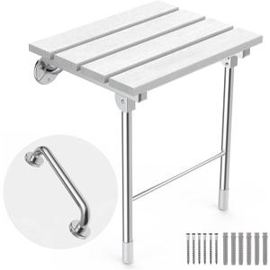 Folding Shower Seat Wall Mounted, Foldable Wall Wood Shower Chair Bench for Seniors, Bathroom Safety Shower Stool for Small Shower(Modern White)