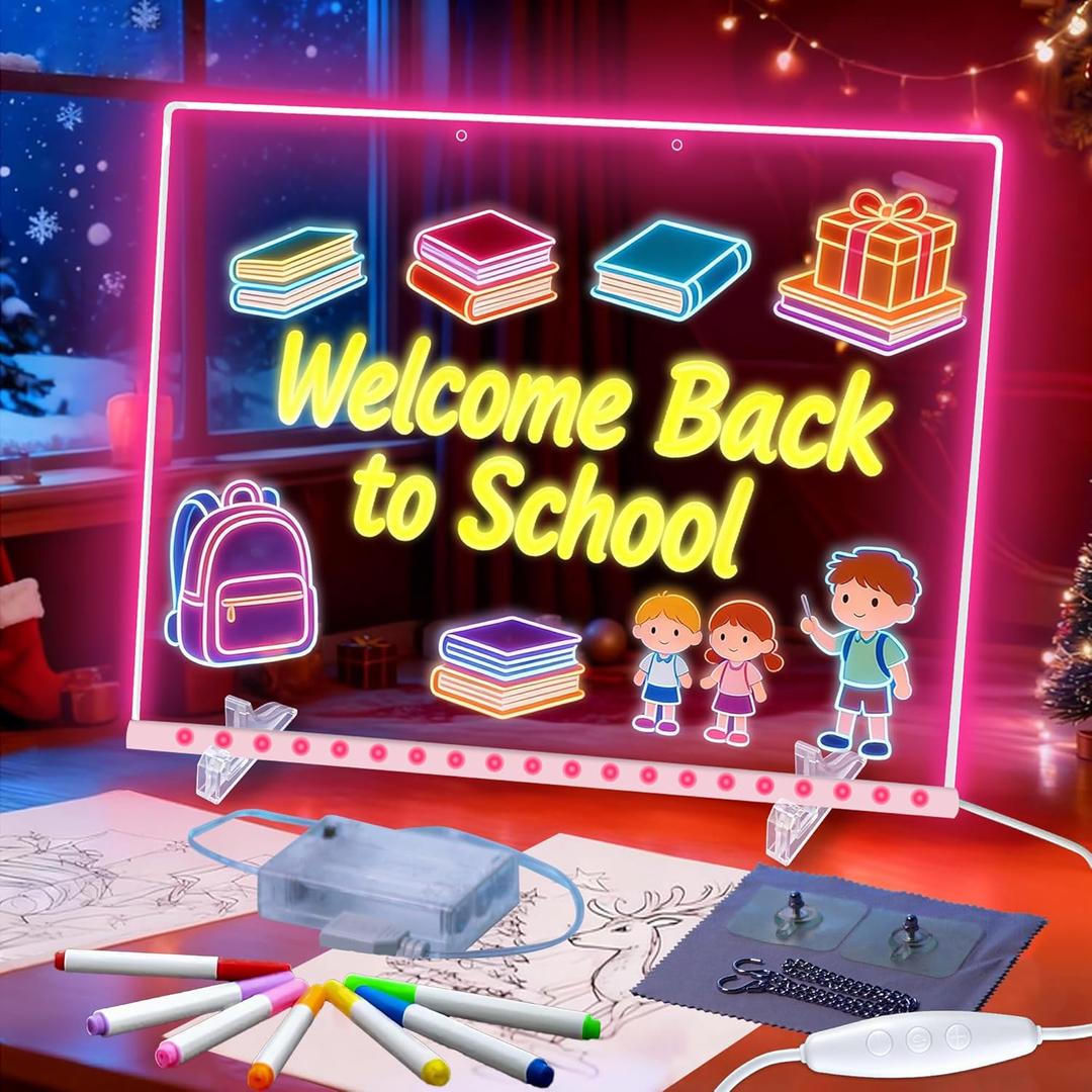 Led Drawing Board for Kids - 7 Colors Glow Doodle Writing Pad for Gifts,15.7X11.8'' Acrylic Neon Dry Erase Board with Stand & Markers, Multifunctional Lighted Memo Message Boards for School Office