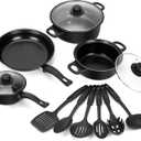 Non-Stick Cookware Set, 13 Piece Set Portable Lightweight Cast Iron Pots and Pans with Glass Lids and Nylon Utensils for Outdoor Camping Picnic Travel Cookware
