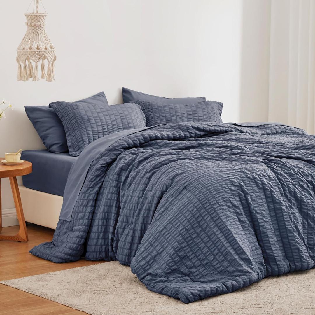 Love's cabin Seersucker Navy Blue Queen Comforter Set 7 Pieces, All Season Bedding Set, Queen Bed in a Bag Comforter Set with Comforter, Flat Sheet, Fitted Sheet, Pillowcase and Pillow Sham Queen (88"X88" Navy Blue 