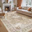 DEXI 5x8 Area Rug for Living Room, Washable Vintage Farmhouse Thin Rug Indoor Floor, Non Slip Stain Resistant Low Pile Carpet for Dining Room Bedroom Office, Beige