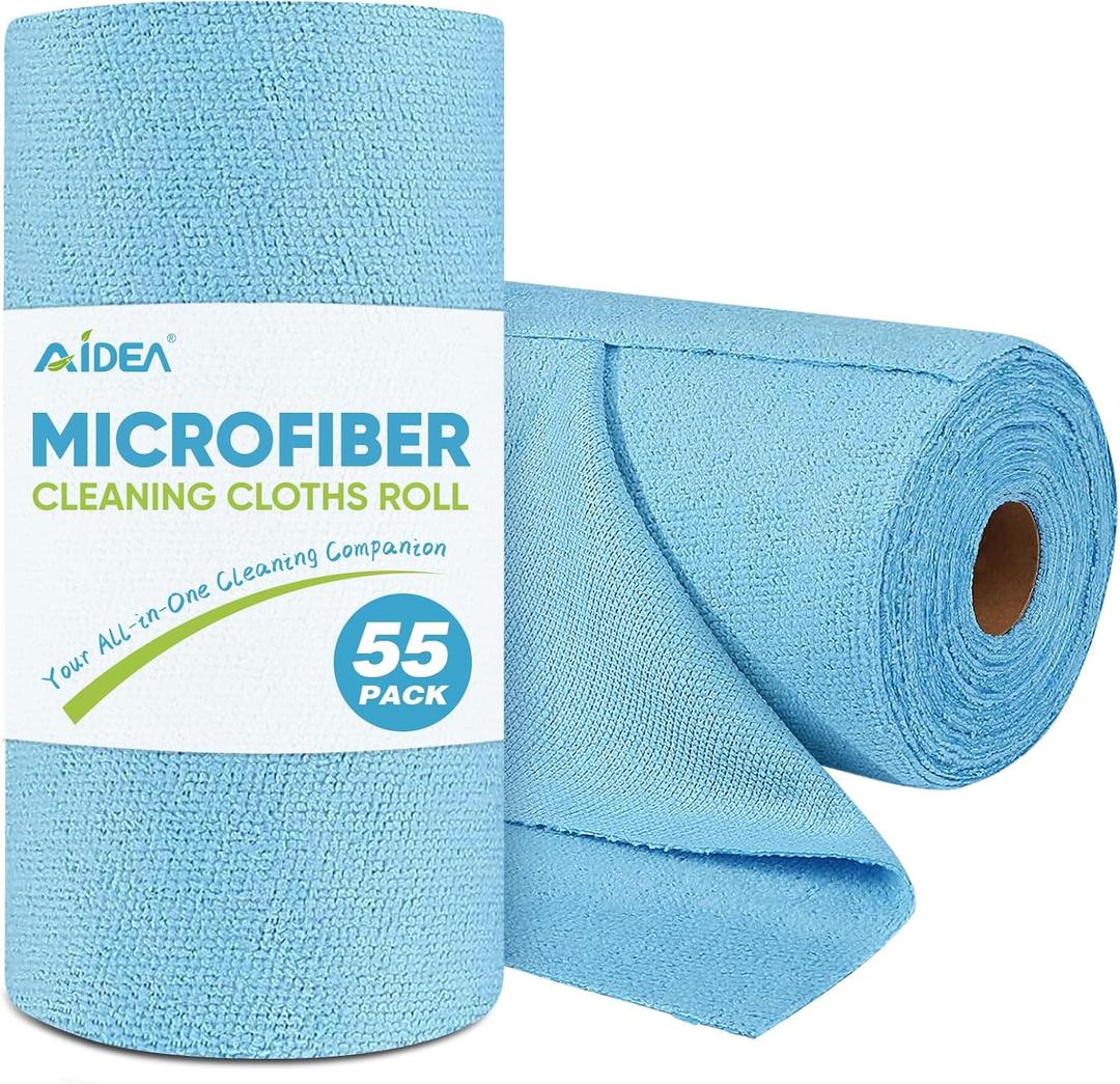 AIDEA Microfiber Cleaning Cloth Roll, Blue Shop Towels 55 Sheets Washable, Microfiber Towels for Cars, Blue Rags Reusable Paper Towel for Automotive, Workshop, House, Kitchen, Cleaning Supplies119"
