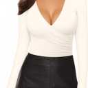 MANGOPOP Women's Cross Wrap Ruched Plunge Sexy Deep V Neck Slim Fit Long Sleeve Fleece Lined T Shirt Tunic Tops Tee (Medium)