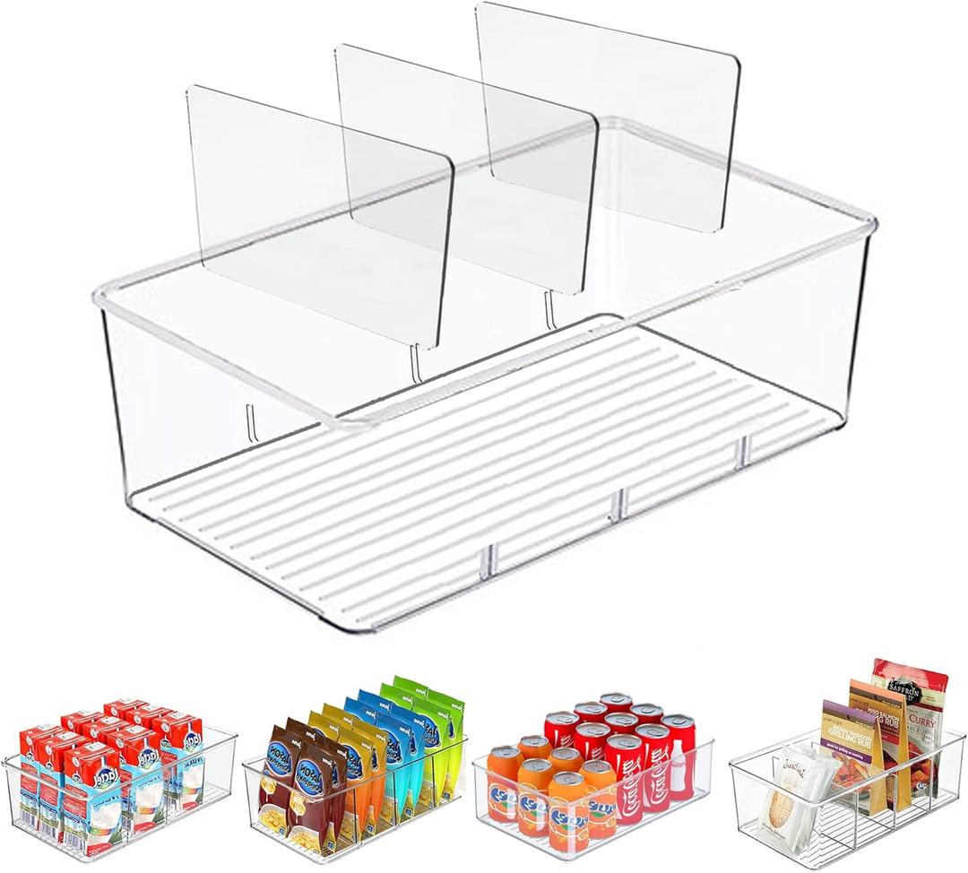 5 Pack Pantry Organizer with Removable Dividers, Snack Organizer for Pantry, Chip,Clear Acrylic Food Storage Bins for Kitchen, Fridge, Cabinet,Packets, Pouches