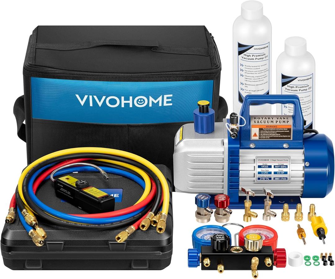 VIVOHOME 110V 1/2 HP 5CFM 2 Stage HVAC Vacuum Pump and 4 Way AC Manifold Gauge Set Kit with Leak Detector 5ft Hoses for R134a R12 R22 R502 R410a Auto Air Conditioning Refrigeration Recharging (blue)