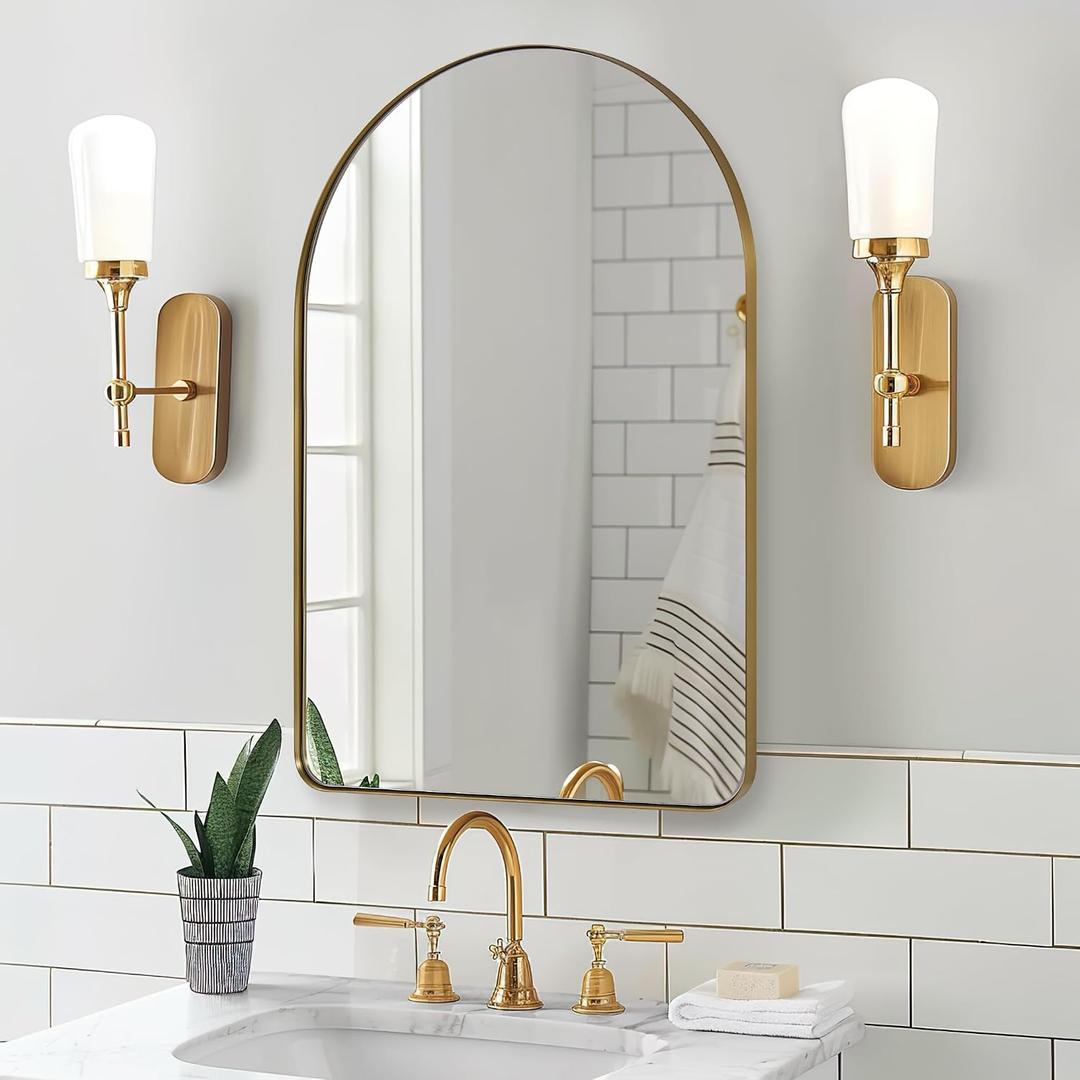 Arched Mirror, 24 x 38 Inch Gold Vanity Mirror in Stainless Steel Metal Frame, Arch Top Rounded Corner 1 Inch Deep Set Design Wall Mount Hangs Vertical