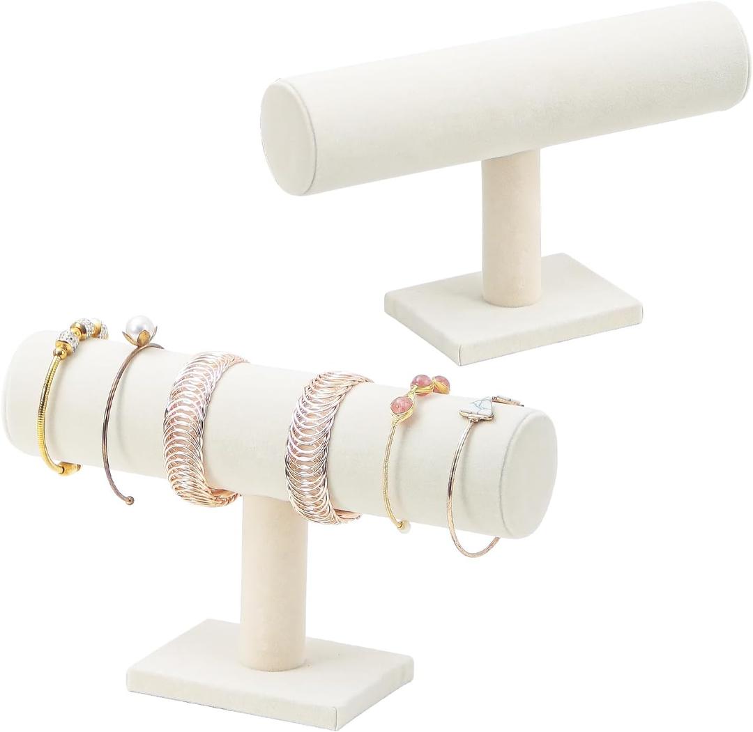 2 Pcs/Set Bracelet Holder Stand, Detachable Display Holder, Velvet Watches Organizer Rack, Hovering T-Bar Necklace Jewelry Display Stand for Home or Store Selling Show (Beige)