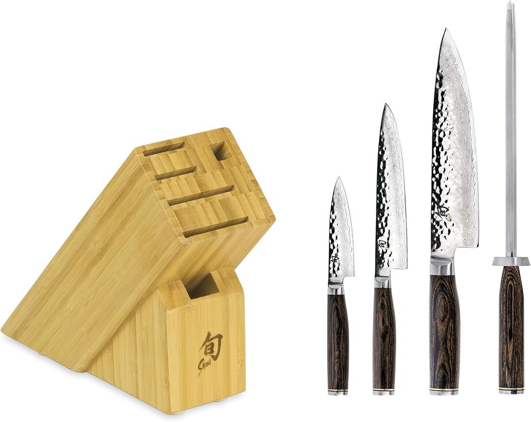 Shun Premier 5 Piece Starter Block Set, Includes 8" Chef's Knife, 4" Paring Knife, 6.5" Utility Knife, Honing Steel & Slimline Bamboo Knife Block, Handcrafted Japanese Knife Set, Pakkawood Handles (Brown)